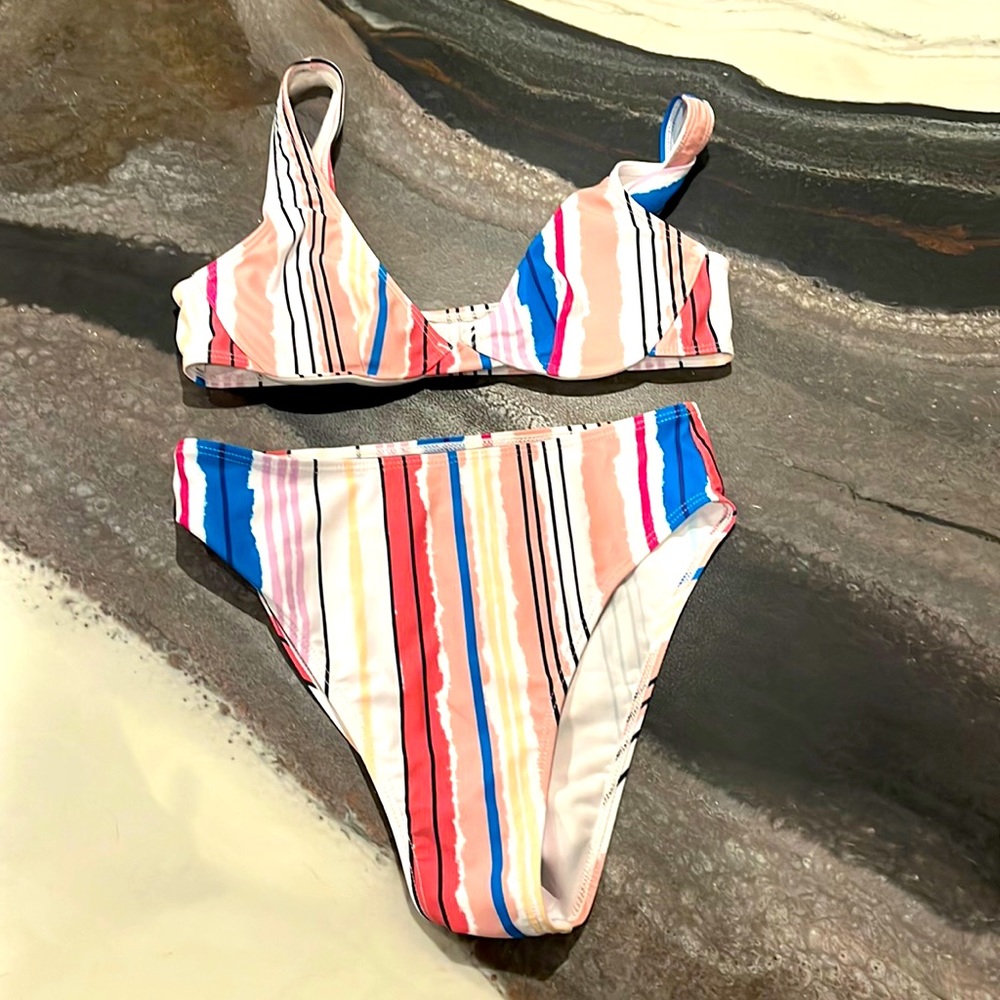 Striped High Rise Swim Suit